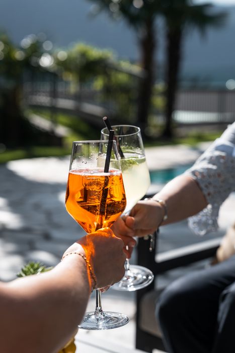 Zwei Personen stoßen mit Sommercocktails in Weingläsern an, im Hintergrund unscharfe Außenanlage mit Palmen. Zwei Personen stoßen mit Sommercocktails in Weingläsern an, im Hintergrund unscharfe Außenanlage mit Palmen.